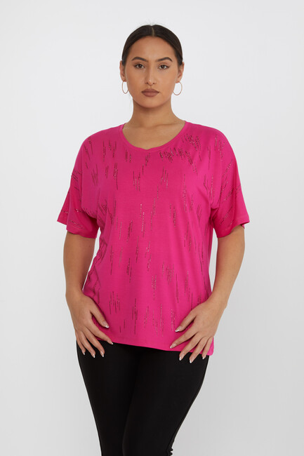 Women's Blouse Short Sleeve Stoned Fuchsia - 79652 | KAZEE - Thumbnail