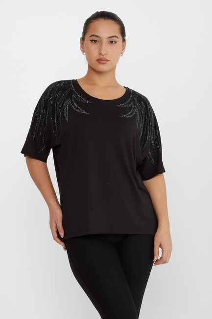 Women's Blouse Shoulder Stoned Crew Neck Black - 79630 | KAZEE - Thumbnail