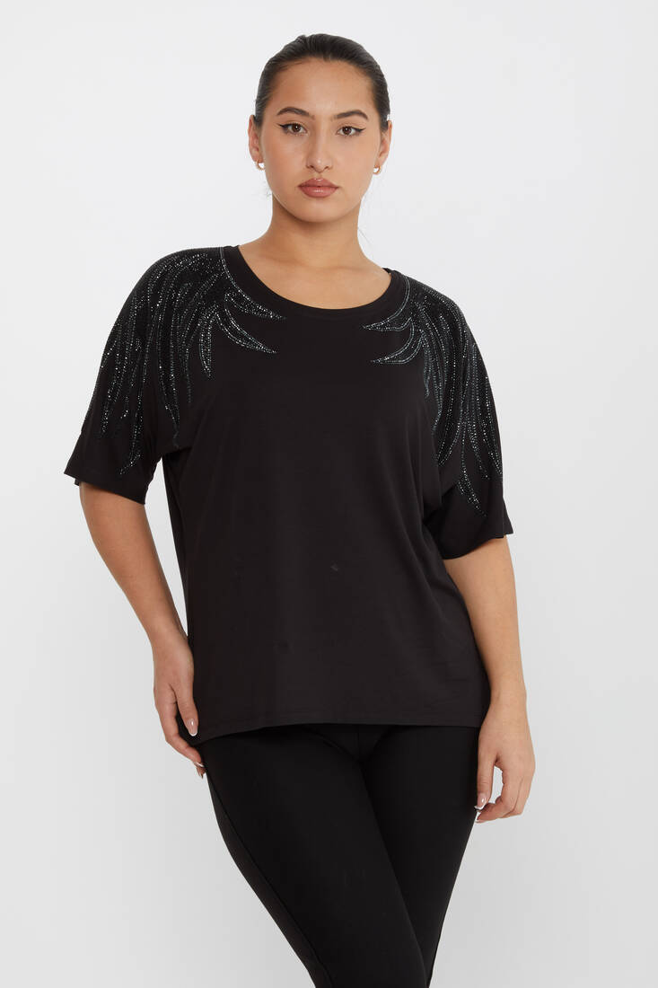 Women's Blouse Shoulder Stoned Crew Neck Black - 79630 | KAZEE