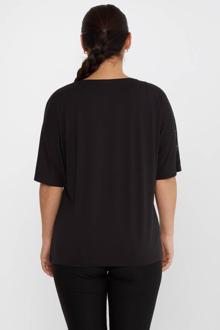 Women's Blouse Shoulder Stoned Crew Neck Black - 79630 | KAZEE