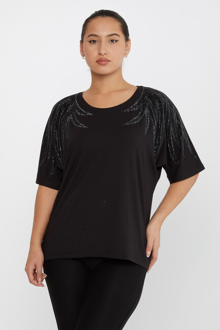 Women's Blouse Shoulder Stoned Crew Neck Black - 79630 | KAZEE - Thumbnail