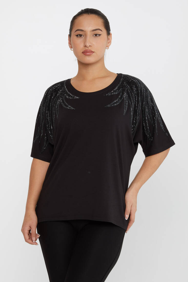 Women's Blouse Shoulder Stoned Crew Neck Black - 79630 | KAZEE