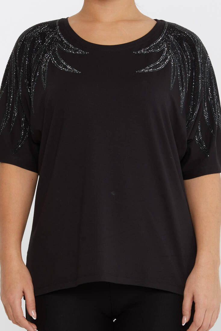 Women's Blouse Shoulder Stoned Crew Neck Black - 79630 | KAZEE