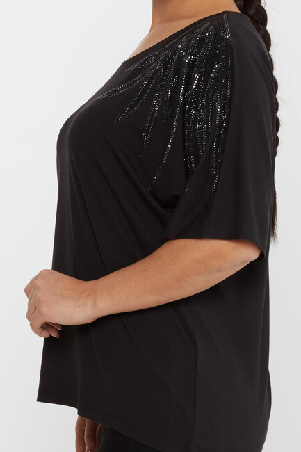 Women's Blouse Shoulder Stoned Crew Neck Black - 79630 | KAZEE - Thumbnail