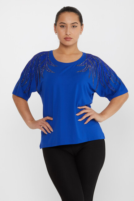 Women's Blouse Shoulder Stoned Crew Neck Saxe - 79630 | KAZEE - Thumbnail