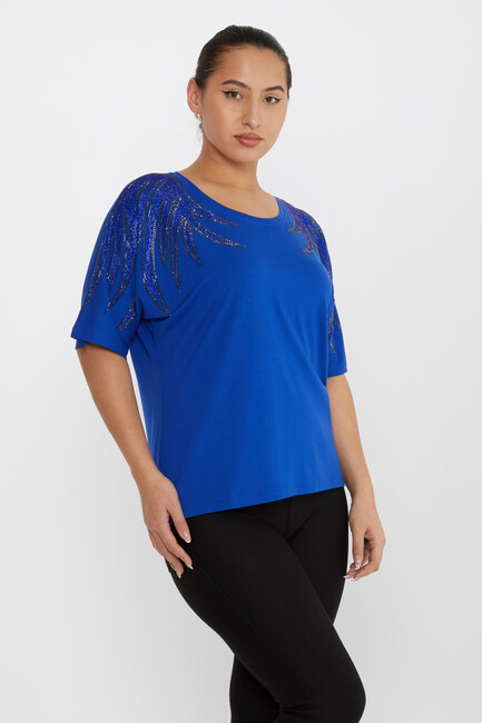 Women's Blouse Shoulder Stoned Crew Neck Saxe - 79630 | KAZEE - Thumbnail