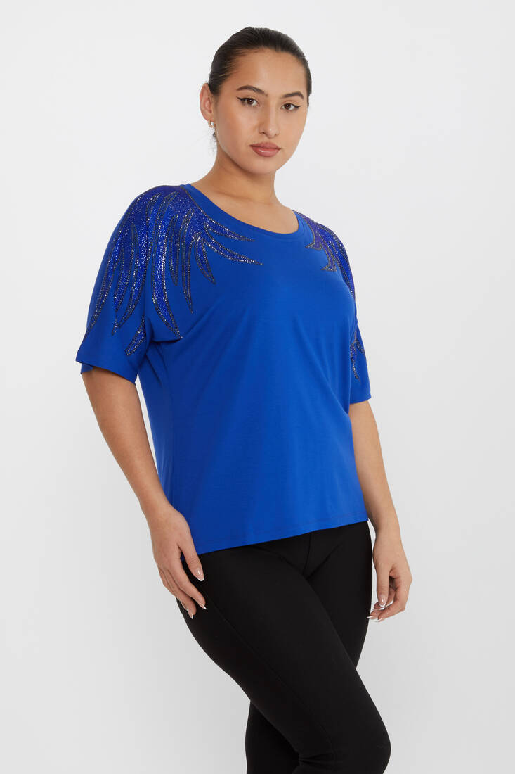 Women's Blouse Shoulder Stoned Crew Neck Saxe - 79630 | KAZEE