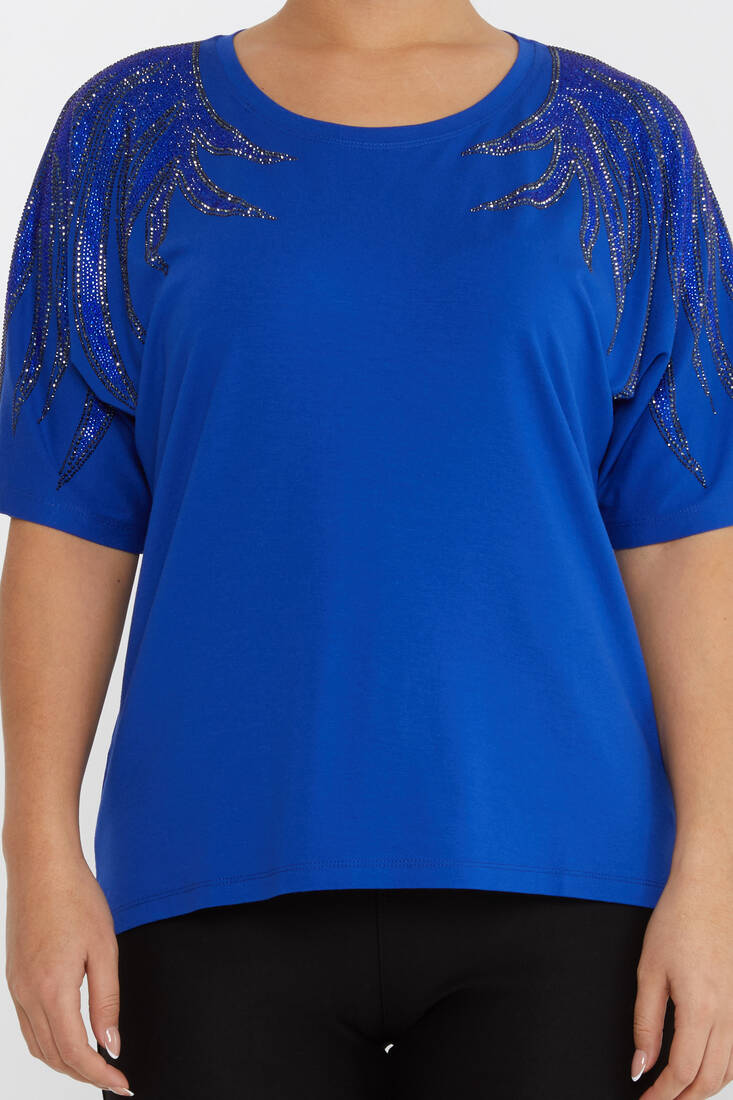 Women's Blouse Shoulder Stoned Crew Neck Saxe - 79630 | KAZEE