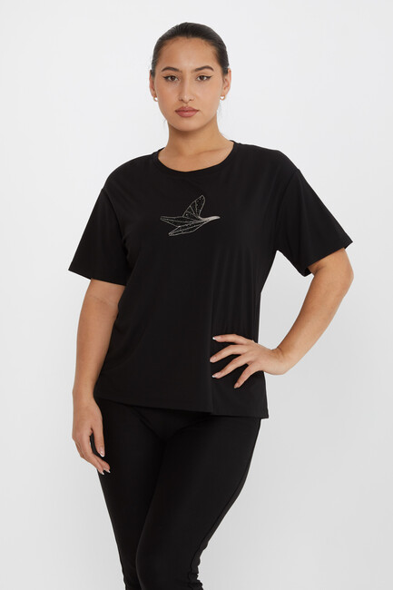 Women's Blouse Stone Bird Pattern Short Sleeve Black - 79995 | KAZEE - Thumbnail