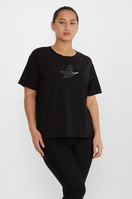 Women's Blouse Stone Bird Pattern Short Sleeve Black - 79995 | KAZEE - Thumbnail