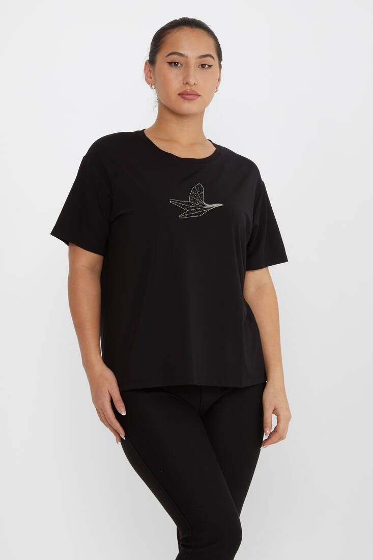 Women's Blouse Stone Bird Pattern Short Sleeve Black - 79995 | KAZEE