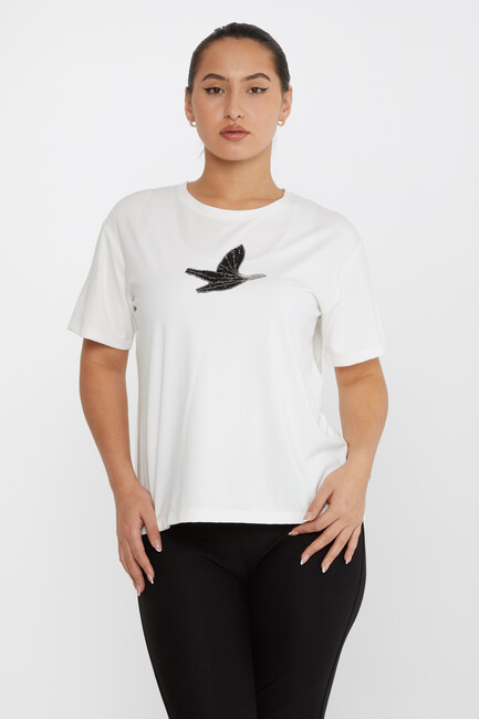 Women's Blouse Stone Bird Pattern Short Sleeve Ecru - 79995 | KAZEE - Thumbnail