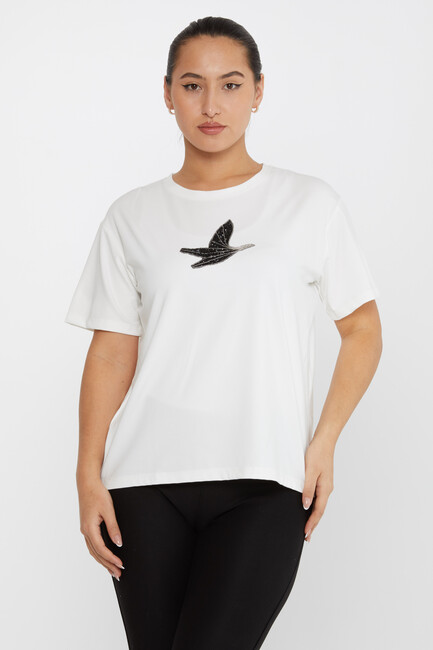 Women's Blouse Stone Bird Pattern Short Sleeve Ecru - 79995 | KAZEE - Thumbnail