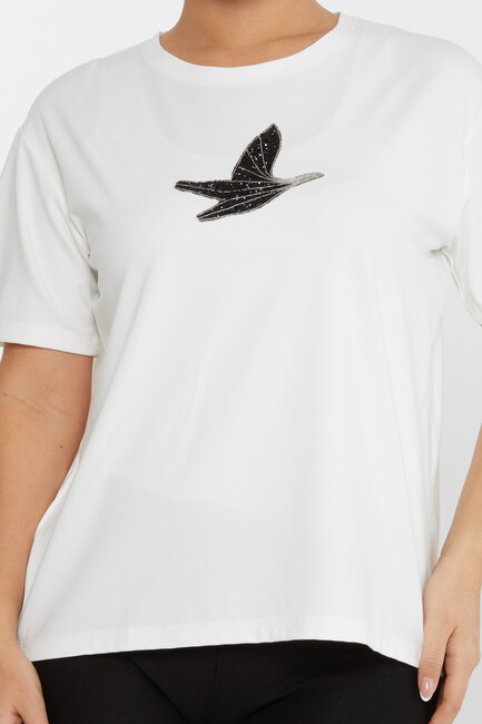 Women's Blouse Stone Bird Pattern Short Sleeve Ecru - 79995 | KAZEE - Thumbnail