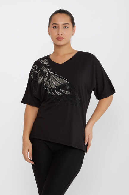 Women's Blouse Stone V-Neck Black- 79620 | KAZEE - Thumbnail