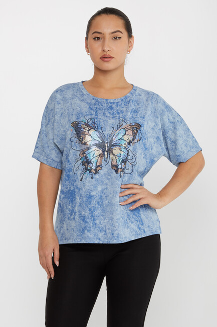 Women's Blouse Stone Butterfly Pattern Short Sleeve Blue - 79986 | KAZEE - Thumbnail