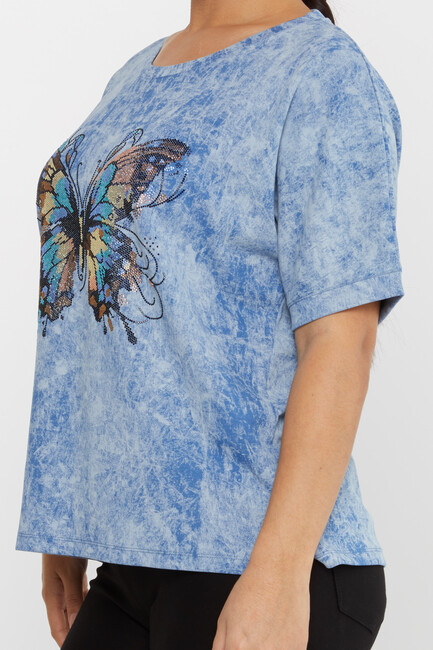 Women's Blouse Stone Butterfly Pattern Short Sleeve Blue - 79986 | KAZEE - Thumbnail