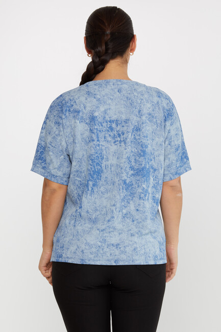 Women's Blouse Stone Butterfly Pattern Short Sleeve Blue - 79986 | KAZEE - Thumbnail