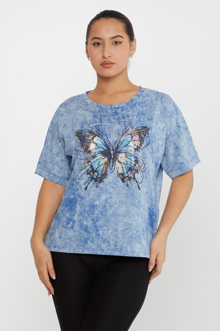 Women's Blouse Stone Butterfly Pattern Short Sleeve Blue - 79986 | KAZEE - Thumbnail