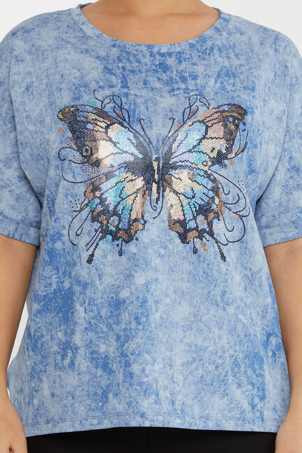 Women's Blouse Stone Butterfly Pattern Short Sleeve Blue - 79986 | KAZEE - Thumbnail