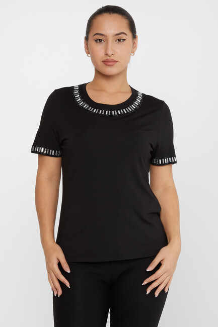 Women's Blouse Stone Detailed Short Sleeve Black - 79927 | KAZEE - Thumbnail