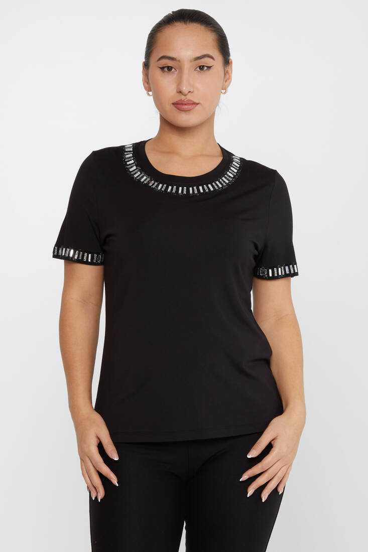 Women's Blouse Stone Detailed Short Sleeve Black - 79927 | KAZEE