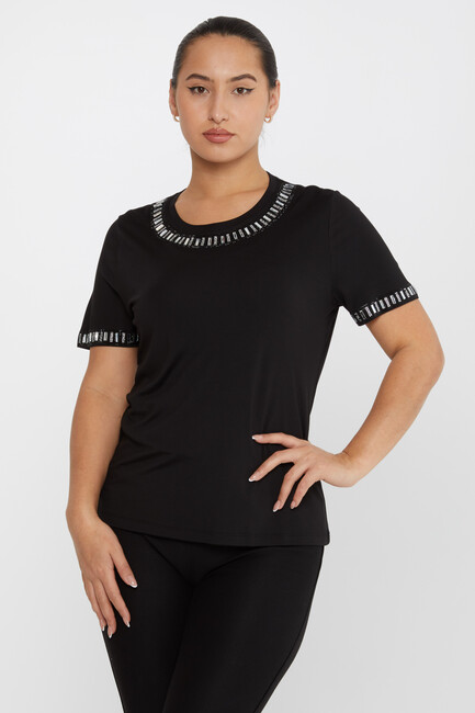 Women's Blouse Stone Detailed Short Sleeve Black - 79927 | KAZEE - Thumbnail