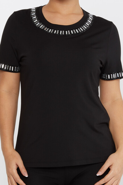 Women's Blouse Stone Detailed Short Sleeve Black - 79927 | KAZEE - Thumbnail