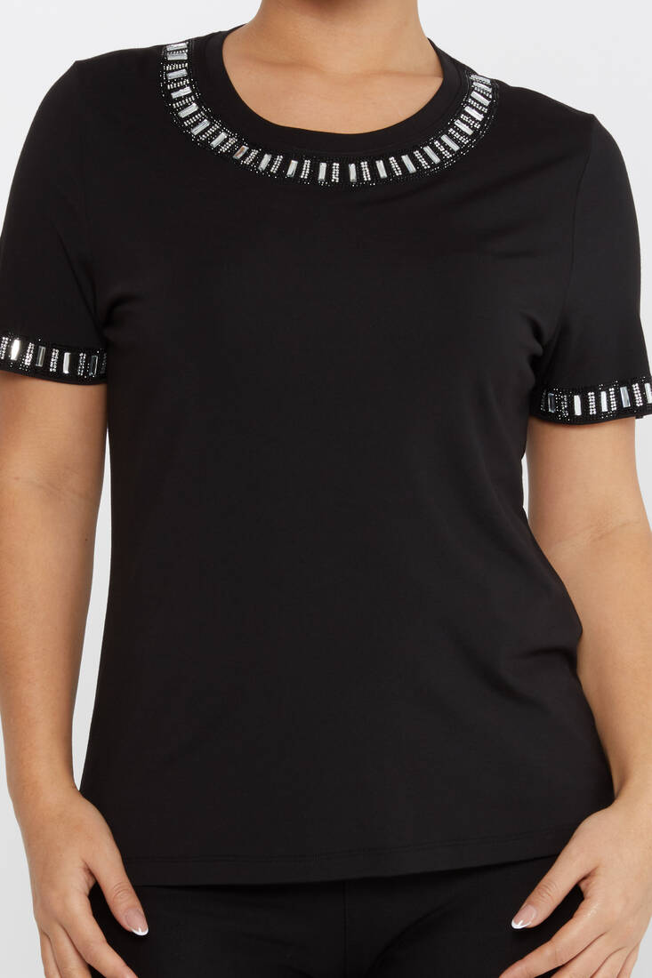 Women's Blouse Stone Detailed Short Sleeve Black - 79927 | KAZEE