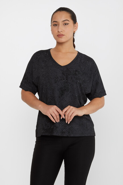 Women's Blouse Stone Detailed Short Sleeve Black - 79985 | KAZEE - Thumbnail