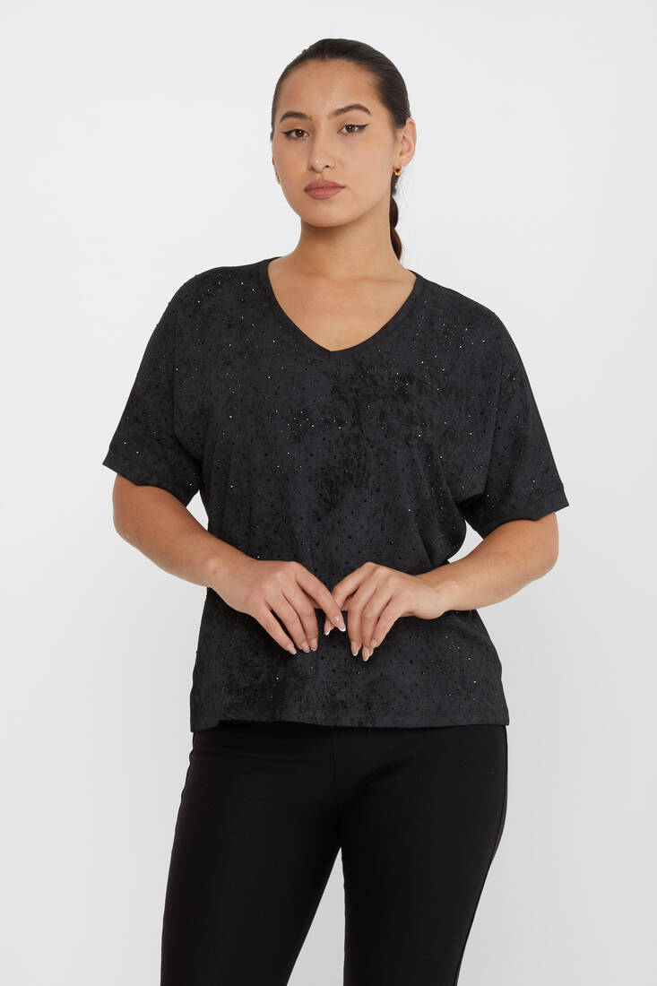 Women's Blouse Stone Detailed Short Sleeve Black - 79985 | KAZEE