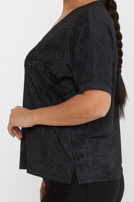 Women's Blouse Stone Detailed Short Sleeve Black - 79985 | KAZEE - Thumbnail