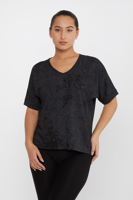 Women's Blouse Stone Detailed Short Sleeve Black - 79985 | KAZEE - Thumbnail