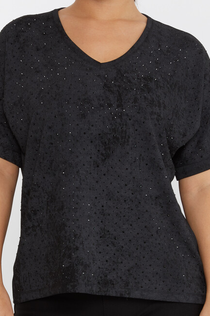 Women's Blouse Stone Detailed Short Sleeve Black - 79985 | KAZEE - Thumbnail