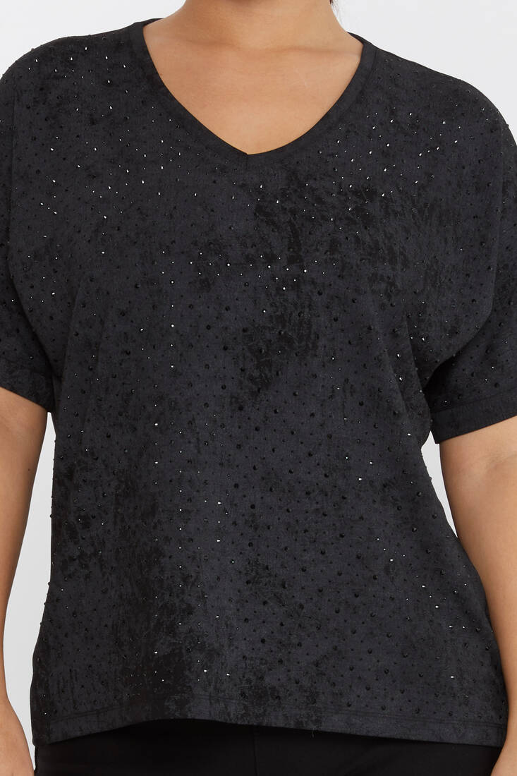 Women's Blouse Stone Detailed Short Sleeve Black - 79985 | KAZEE