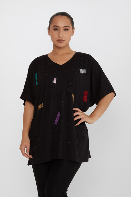 Women's Blouse Stone Detailed V-Neck Black - 80110 | KAZEE - Thumbnail