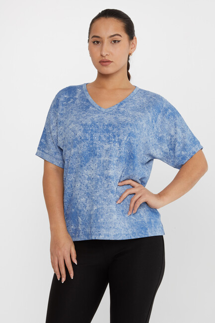 Women's Blouse Stone Detailed Short Sleeve Blue - 79985 | KAZEE - Thumbnail