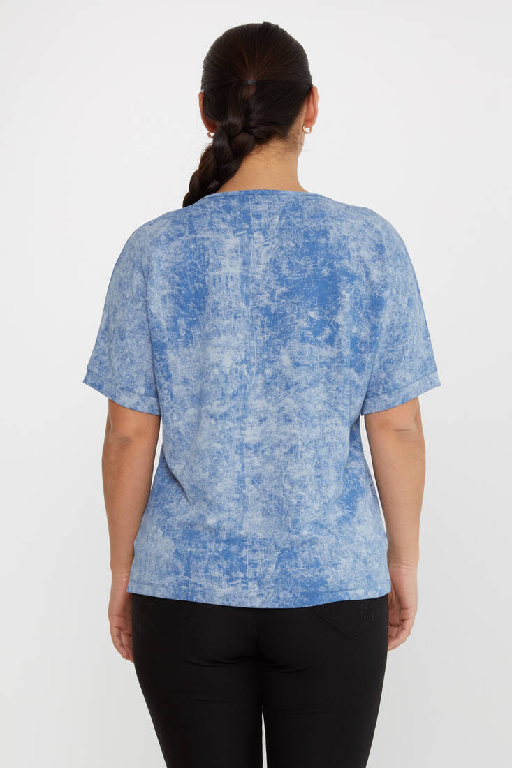 Women's Blouse Stone Detailed Short Sleeve Blue - 79985 | KAZEE