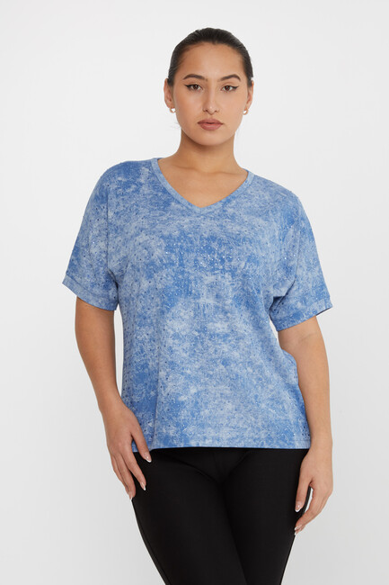 Women's Blouse Stone Detailed Short Sleeve Blue - 79985 | KAZEE - Thumbnail