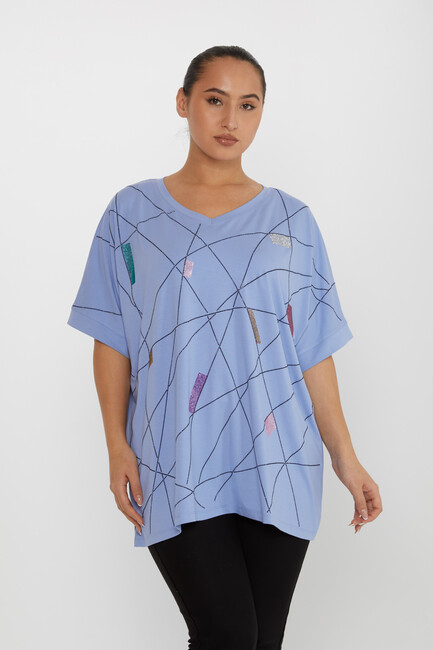 Women's Blouse Stone Detailed V-Neck Blue - 80110 | KAZEE - Thumbnail