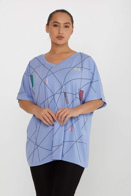 Women's Blouse Stone Detailed V-Neck Blue - 80110 | KAZEE - Thumbnail