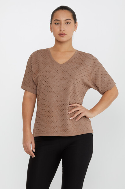 Women's Blouse Stone Detail Short Sleeve Brown - 79985 | KAZEE - Thumbnail