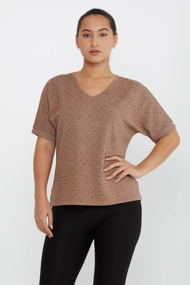 Women's Blouse Stone Detail Short Sleeve Brown - 79985 | KAZEE