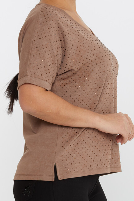 Women's Blouse Stone Detail Short Sleeve Brown - 79985 | KAZEE - Thumbnail