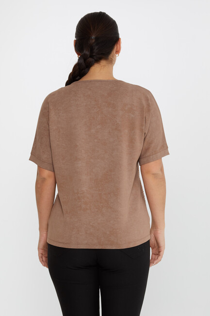 Women's Blouse Stone Detail Short Sleeve Brown - 79985 | KAZEE - Thumbnail