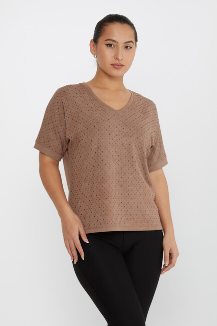 Women's Blouse Stone Detail Short Sleeve Brown - 79985 | KAZEE - Thumbnail