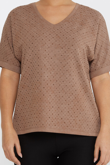 Women's Blouse Stone Detail Short Sleeve Brown - 79985 | KAZEE - Thumbnail