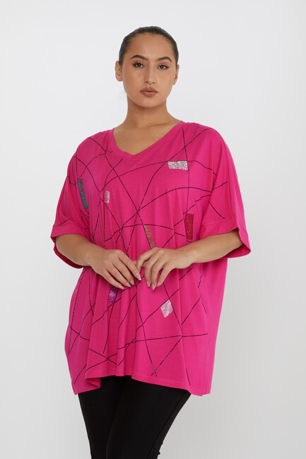 Women's Blouse Stone Detailed V-Neck Fuchsia - 80110 | KAZEE - Thumbnail