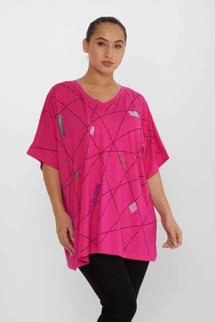 Women's Blouse Stone Detailed V-Neck Fuchsia - 80110 | KAZEE - Thumbnail