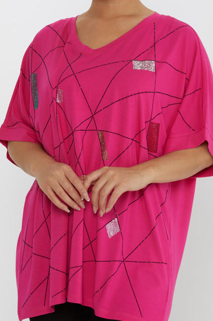 Women's Blouse Stone Detailed V-Neck Fuchsia - 80110 | KAZEE - Thumbnail